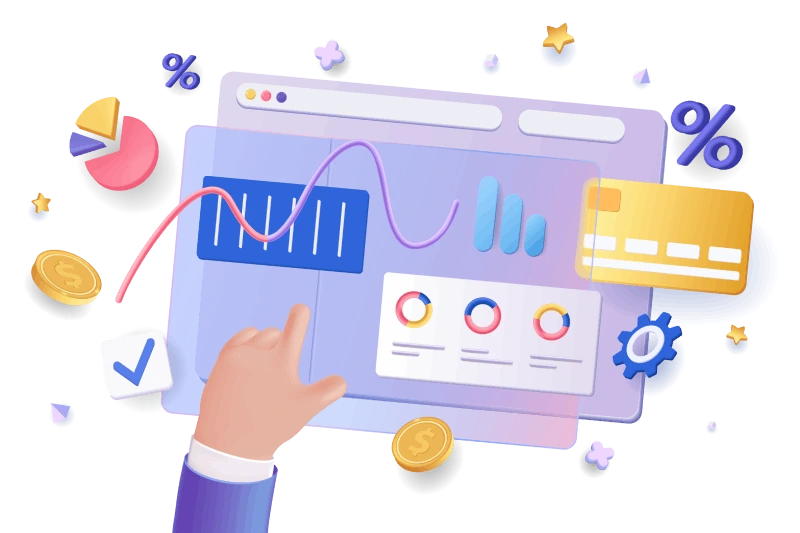 Employee interacting with an analytics dashboard displaying percentages and customer reviews for performance insights.